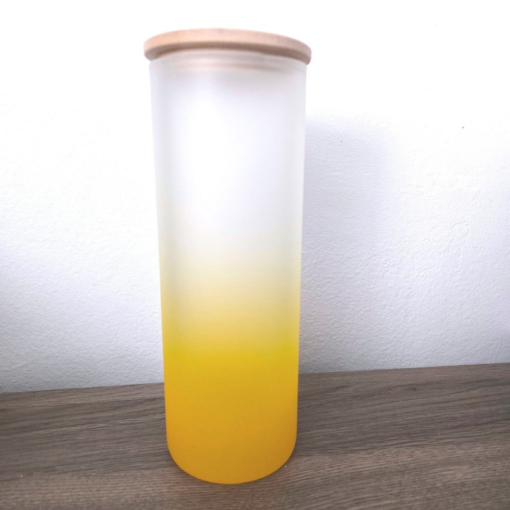 Yellow Ombre Frosted Glass Sublimation Tumbler with Bamboo Lid 25oz Skinny DIY